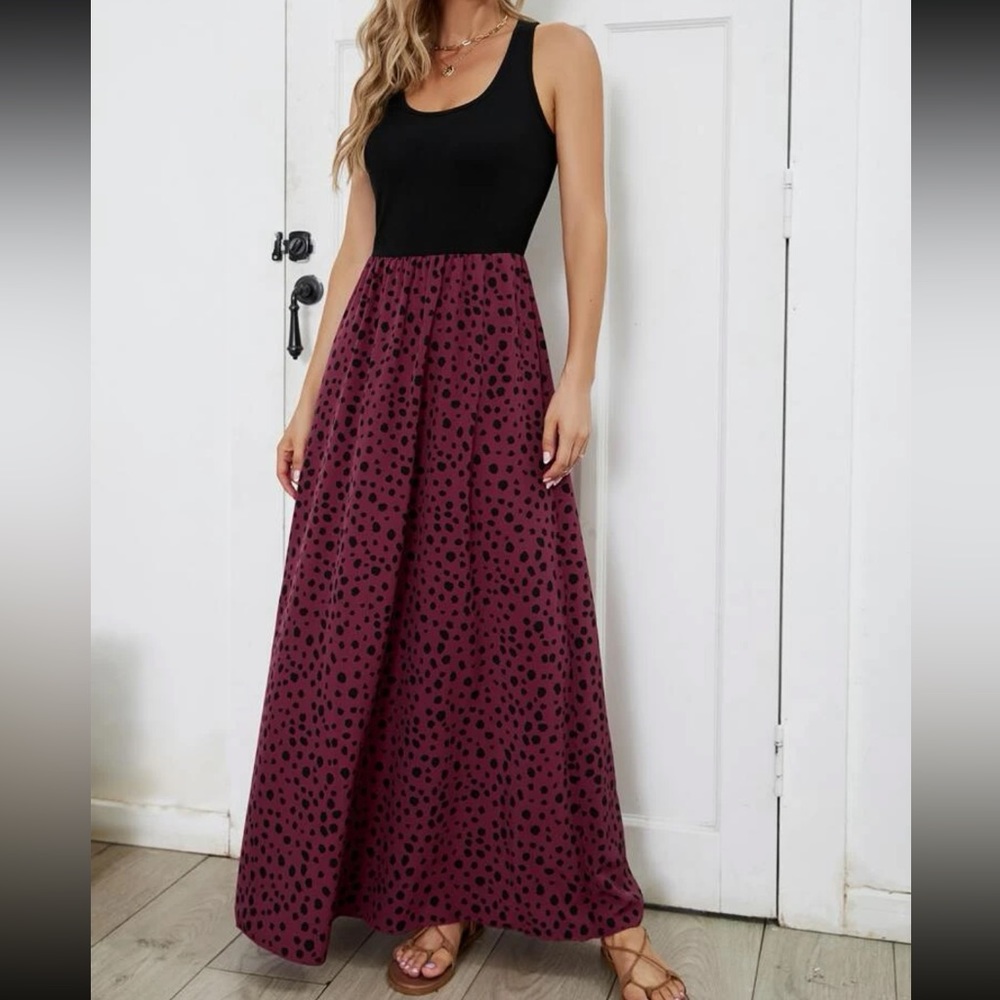 Boho Dalmatian print color block sleeveless maxi dress - Picture 11 of 15